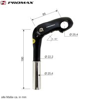 Promax Lenkervorbau 25,4 mm verstellbar 0-50° 85/180mm/105/180mm in Mattschwarz/Silber