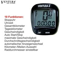 Ventura X 10 Funktionen Fahrradcomputer Tacho mit Doppelanzeige Weiß